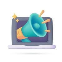 3D megaphone jumping out of computer monitor online marketing ideas vector