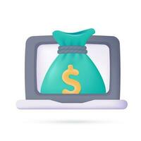 3D money bag in computer monitor online savings concept vector