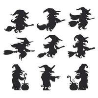 silhouette of an old witch riding a flying broomstick The witch concocted poison in the devil's cauldron. vector