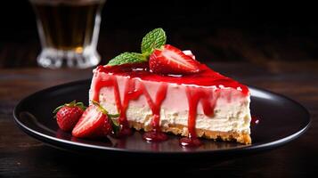 Strawberry cheesecake served on plate on dim wooden table foundation. Creative resource, photo