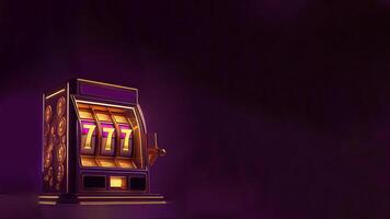Golden and Purple Slot Machine with Winning Combination of Triple Seven. Gambling Addiction, Casino Games Concept. Technology. photo