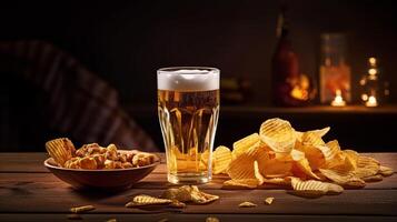 un seductor bocadillo de elaborar cerveza y papas fritas. creativo recurso, ai generado foto