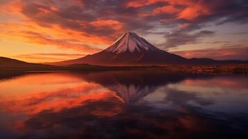 desorientador anochecer, montaña y lago. creativo recurso, ai generado foto