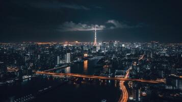 Amazing Panoramic View of Illuminated Tokyo City with Skyline Buildings in Japan at Night. Technology. photo