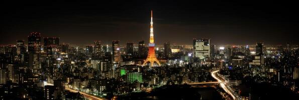 Illuminated Tokyo City with Skyline, Residential Buildings in Japan at Night View. Technology. photo