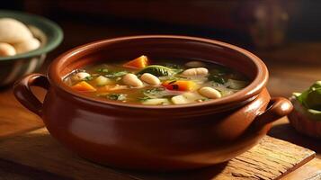 Bean and vegetables soup in ceramic bowl on wooden table. Creative resource, photo