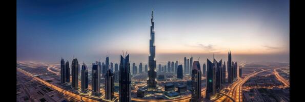 céntrico dubai ciudad con burj califa y jeque zayed la carretera en noche o temprano Mañana vista. generativo ai tecnología. foto