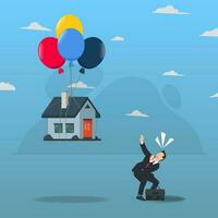 Businessman with house flying in balloons. Lost asset concept vector