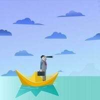 Businessman sailing on paper boat in ocean hold telescope. Goal search, business vision, reach the target concept vector