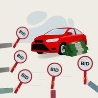 Hands holding bid sign. Buying car from auction vector illustration