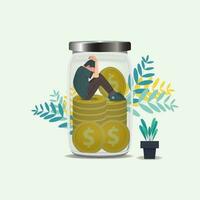 Depressed sad man thinking over problems sitting in the jar with coins design vector illustration