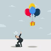 Businessman with gifts flying in balloons. Lost bonuses or rewards concept vector