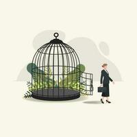 Businesswoman out from opened cage, return to work concept vector illustration