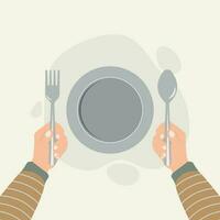 Spoon and fork cutlery in hands vector illustration