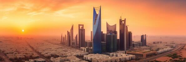 Panoramic City Shot of Riyadh Showing Skyline Landmarks, Office and Residential Buildings During Sunset or Sunrise in South Arabia. Technology. photo