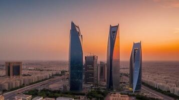 Panoramic City Shot of Riyadh Showing Skyline Landmarks, Office and Residential Buildings During Sunset or Sunrise in South Arabia. Technology. photo