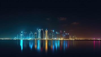 increíble panorámico ver de iluminado Katar horizonte reflejando en el agua durante noche tiempo. generativo ai tecnología. foto