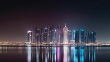 increíble panorámico ver de iluminado Katar horizonte reflejando en el agua durante noche tiempo. generativo ai tecnología. foto