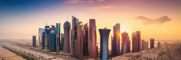 Amazing Panoramic View of Doha City, Qatar Skyline During Sunset or Sunrise. Technology. photo