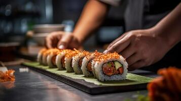 able chef's hands making sushi roll in a burger joint kitchen. Creative resource, photo