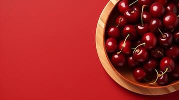 Beat see on organized sweet cherries in wooden bowl in daylight on blushing foundation. Creative resource, photo