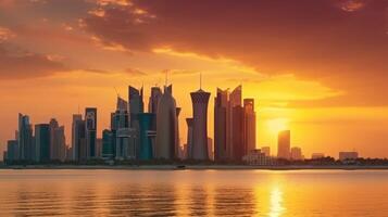 Amazing Panoramic View of Qatar Skyline at Sunset or Sunrise with Reflection on the Water. Technology. photo