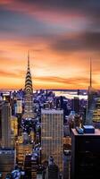 increíble panorámico ver de Manhattan horizonte edificios durante puesta de sol o amanecer, nuevo York ciudad. generativo ai tecnología. foto