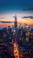 increíble horizonte de manhattan, nuevo York ciudad en puesta de sol o amanecer vista. generativo ai tecnología. foto