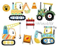 Hand drawn funny industrial vehicle in colorful ornaments with construction signs vector