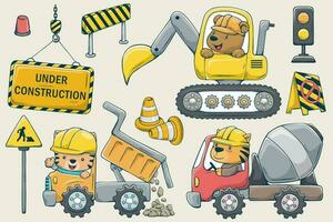 Vector illustration of hand drawn construction elements cartoon with funny animals driver