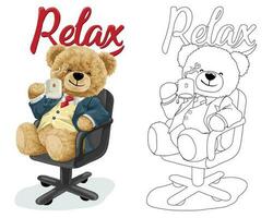 Hand drawn vector illustration of teddy bear in suit on chair drink coffee. Coloring book or page