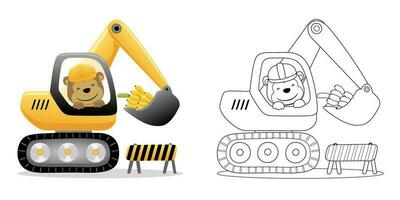 Vector illustration of cartoon cute monkey on excavator with banana. Coloring book or page