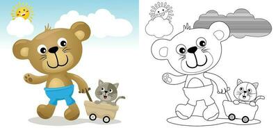 Vector illustration of cartoon bear pulling cat on cart. Coloring book or page for kids