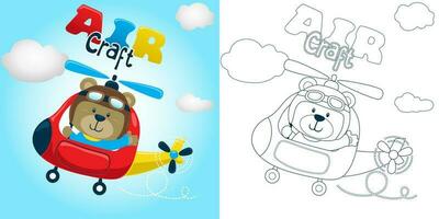Vector illustration of cartoon funny bear on helicopter. Coloring book or page for kids