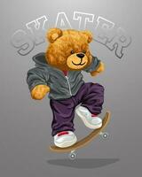 Hand drawn vector illustration of teddy bear playing skateboard