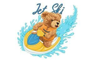 Vector illustration of hand drawn teddy bear cartoon riding jet ski