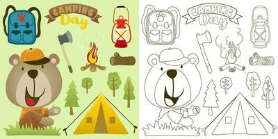 Vector illustration of cartoon bear in scout uniform with camping elements. Coloring book or page