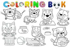 Coloring book with group of funny cat cartoon in different activity vector