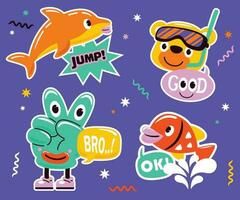 hand drawn trendy cartoon element illustration with funny marine animals and cute bear vector