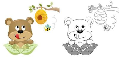 Cartoon cute bear hiding in leaf with bee and beehive hang on tree branches. Coloring book or page vector