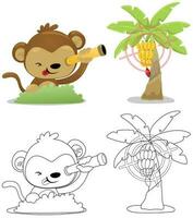 Vector illustration of cartoon monkey with binoculars looking at banana tree. Coloring book or page