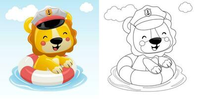 Vector illustration of cartoon cute lion in sailor cap swimming with buoy. Coloring book or page