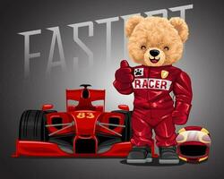 mano dibujado vector ilustración de osito de peluche oso en corredor disfraz con carreras coche
