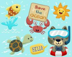 Set of hand drawn funny marine animals cartoon with cute cat wearing diving goggles on lifebuoy vector