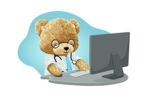 Vector illustration of hand drawn teddy bear cartoon in doctor uniform operating computer