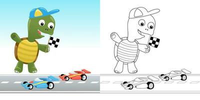 Vector illustration of cartoon turtle holding checkered flag in toy car racing. Coloring book or page for kids