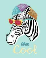 Hand drawn cool zebra cartoon with hair and colorful glasses vector