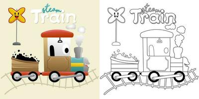 vector ilustración de dibujos animados vapor tren con ferrocarril signo. colorante libro o página para niños