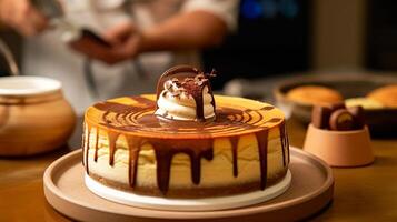 chef brightened Basque cheesecake with Chocolate and cream in bowl on kitchen. Creative resource, photo