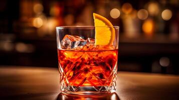 cóctel negroni con Ginebra, Campari martini rosso y naranja. negroni cóctel a el bar. creativo recurso, ai generado foto